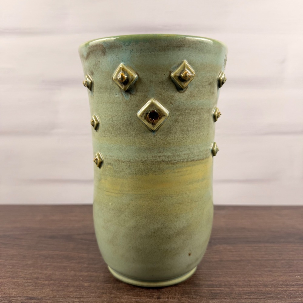 Studio Pottery Green Glaze Vase Applied Geometric Design Brutalist Signed 2006